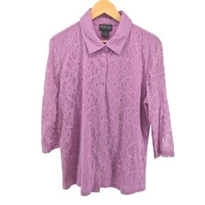 Style & Co Woman Lilac Floral Lace Button Up Sheer Shirt Plus Size 2X‎ Romantic